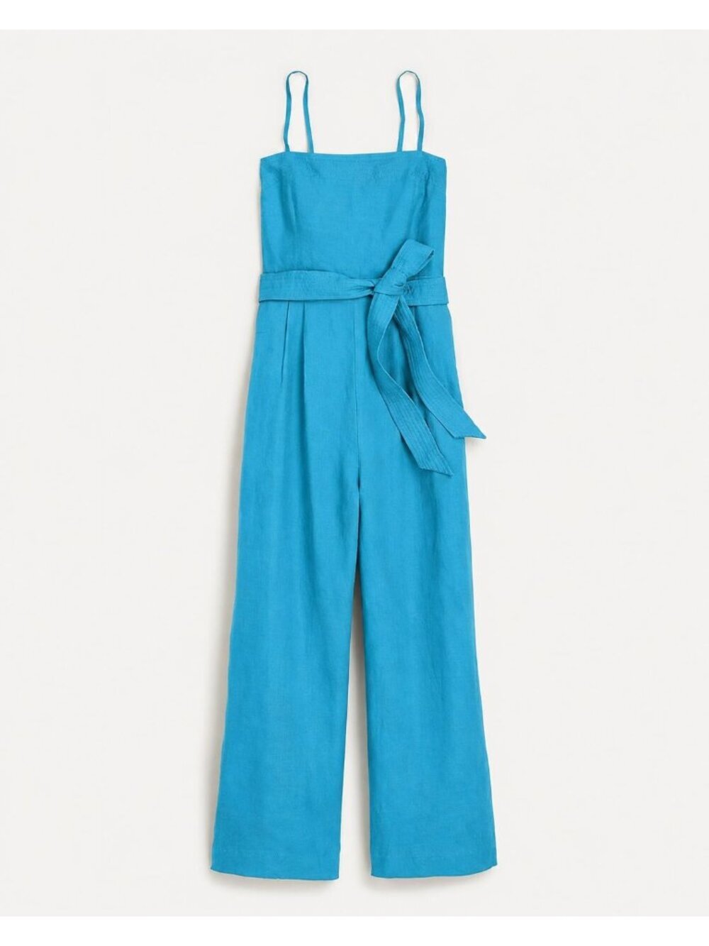 J. Crew Tie Waist 100% Linen Wide Leg Cropped Jumpsuit Blue Sz 2 Preppy Coastal